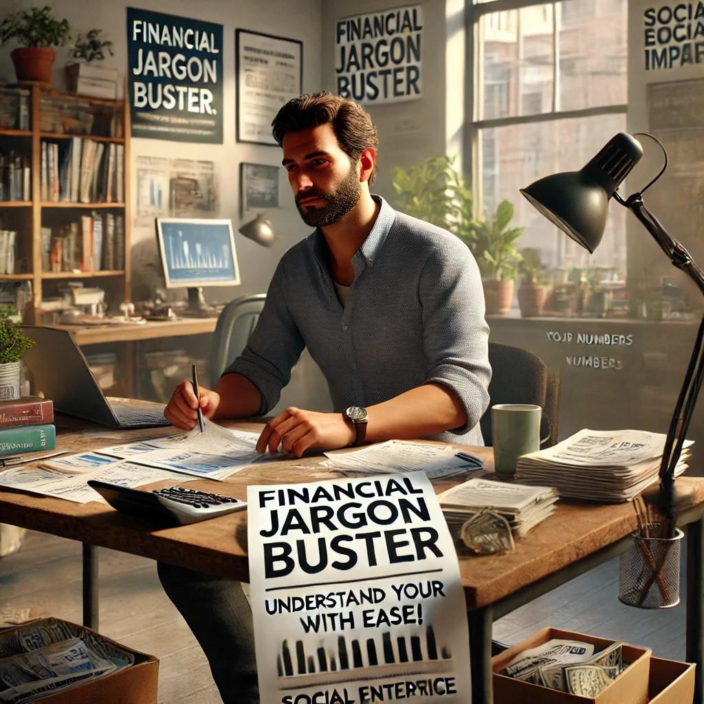 image of a male with short dark hair and a beard, working in a local social enterprise. wearing a smart-casual outfit (shirt and jeans) and sits at a desk surrounded by paperwork. The workspace is warm and inviting, featuring bookshelves, and posters related to social impact. A lyer on the desk reads: <strong>"Financial Jargon Buster – Understand Your Numbers with Ease!"</strong> The man represents a social entrepreneur improving financial literacy.