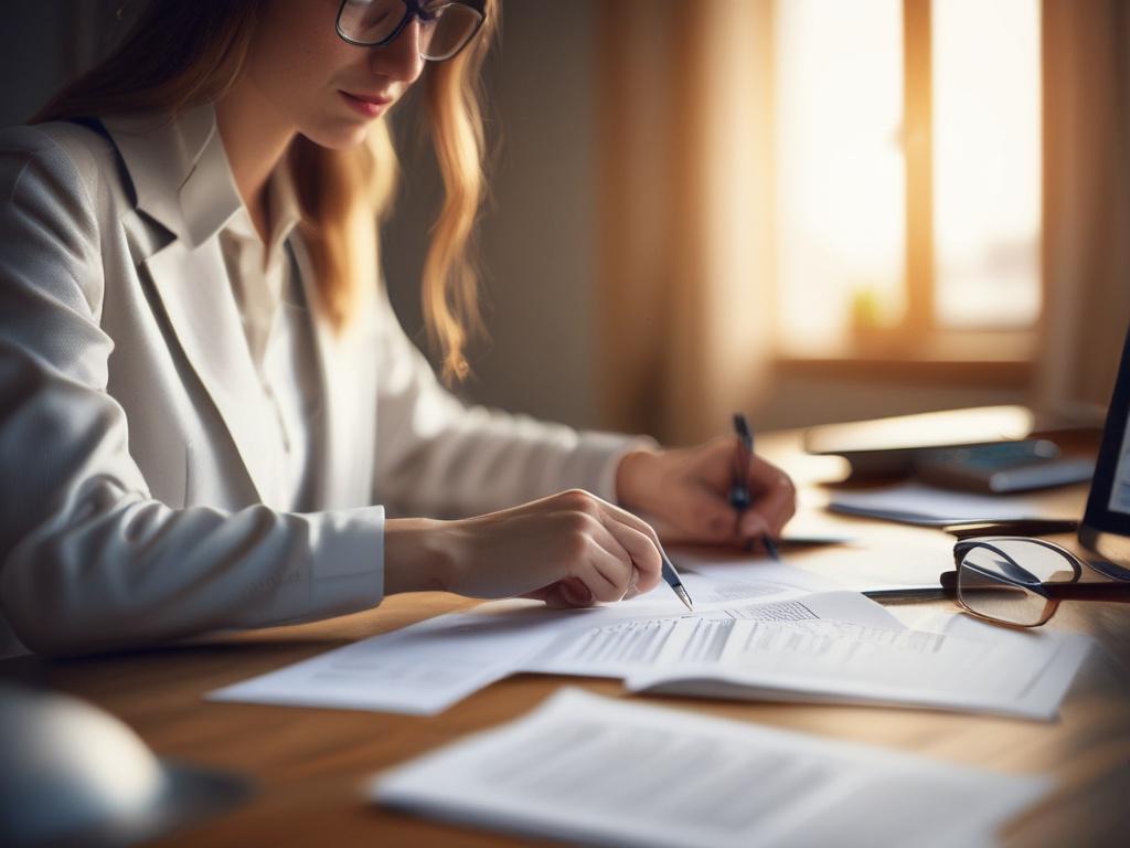 Create a realistic high-resolution close-up photo of a focused woman accountant working with financial documents. She is seated at a wooden desk, reviewing spreadsheets and charts with a pen in hand. The woman has a thoughtful expression and wears professional, casual clothing in soft tones that complement the rgb(175, 101, 159) color palette used subtly in her accessories or background elements. The background is softly blurred, showing a tidy, minimalistic office space with natural light filtering in. The