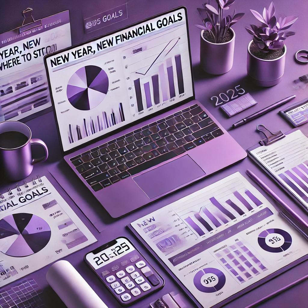 Here is the <strong>blog header image with a purple tone scheme</strong> for "New Year, New Financial Goals – Where to Start?" 🎯📊 It has a modern and professional look while keeping the theme of financial planning.