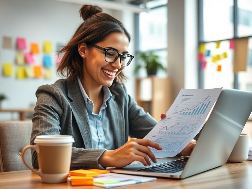 A close-up shot of a cheerful business owner reviewing financial documents and charts on a laptop, surrounded by colourful sticky notes and a coffee cup, in a bright and modern office space.