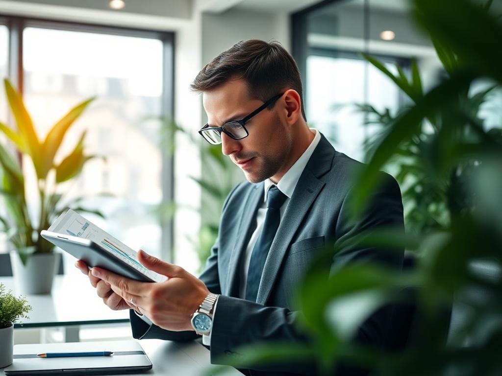 A close-up shot of an accountant reviewing financial reports and charts on a tablet, with a focused expression, in a sleek office environment filled with greenery.