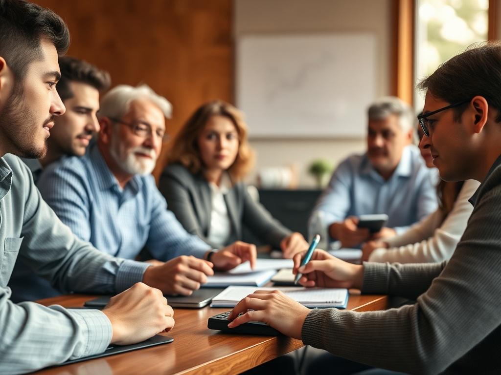 A close-up shot of a diverse group of people engaged in a workshop, actively participating and discussing financial concepts, with notebooks and calculators on the table. The background is a warm, inviting classroom setting with natural light.