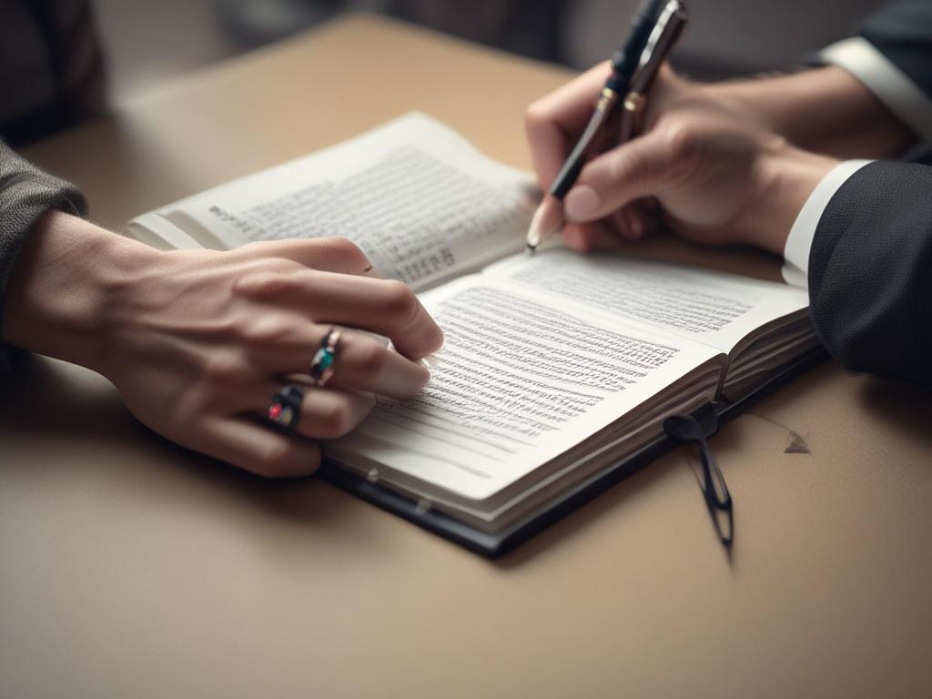Create a hyper-realistic, high-resolution close-up photo of a single focused subject: a thoughtful person’s hands holding an open notebook with neatly written notes and a simple chart illustrating social impact metrics alongside financial data. The notebook’s pages show clear columns with headings like “Outcomes,” “Milestones,” and “Budget vs Actual,” softly illuminated to highlight the connection between numbers and stories. The hands belong to a socially minded professional, dressed casually but smartly, 