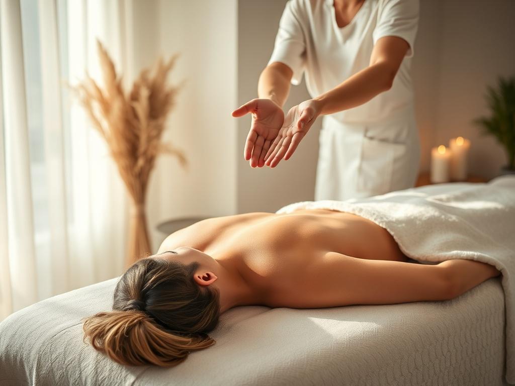 An individual lying comfortably on a massage table in a softly lit room. The practitioner gently places their hands above the client's body, creating a sense of calm and healing. The room features soothing colors, soft textures, and elements like candles or crystals, enhancing the atmosphere of relaxation and energy flow.