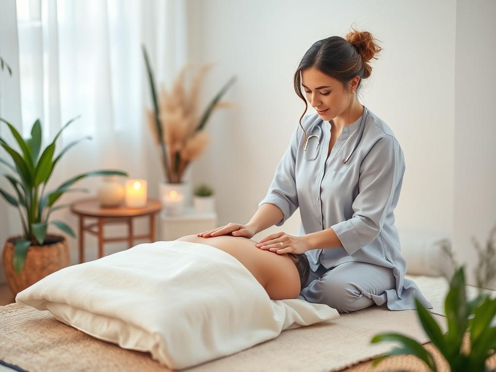 A calming scene of a practitioner conducting a Reiki session with a client in a serene environment. The image showcases a nurturing atmosphere with soft lighting and soothing decor elements like plants and crystals. The focus is on the energy exchange and connection between the practitioner and client, symbolizing ongoing healing and support.