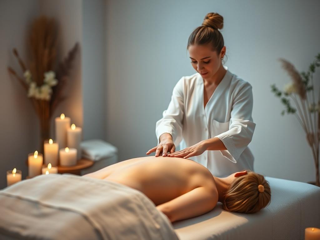 A tranquil setting with soft lighting and soothing colors, featuring a serene practitioner gently placing hands above a client's body on a massage table. The atmosphere is calm and inviting, with candles and natural elements in the background. The focus is on the healing interaction, showcasing the essence of individual Reiki sessions, promoting relaxation and rejuvenation.