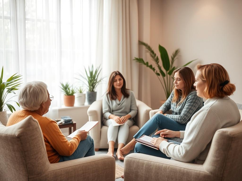 A serene and inviting healing space featuring comfortable seating, soft lighting, and natural elements. A gentle, compassionate figure guides a small group of people in a supportive discussion, with tissues and journals present. The background reflects a peaceful atmosphere with plants and calming colors, emphasizing the theme of healing and connection. The composition conveys warmth and understanding, suitable for a grief support program.