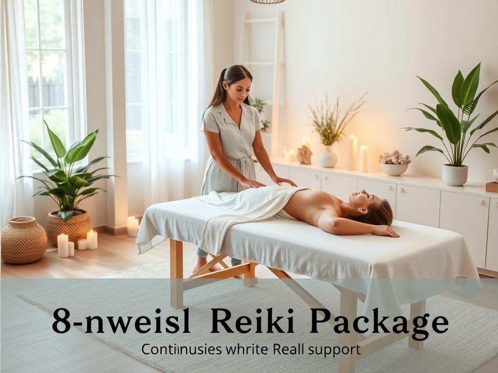 An inviting healing room filled with soft natural light, featuring a practitioner conducting a Reiki session with a client comfortably lying on a massage table. The atmosphere is calming and peaceful, with elements like crystals, candles, and plants surrounding the space. This scene captures the essence of continuous healing support, embodying the spirit of the 8-week Reiki Package.