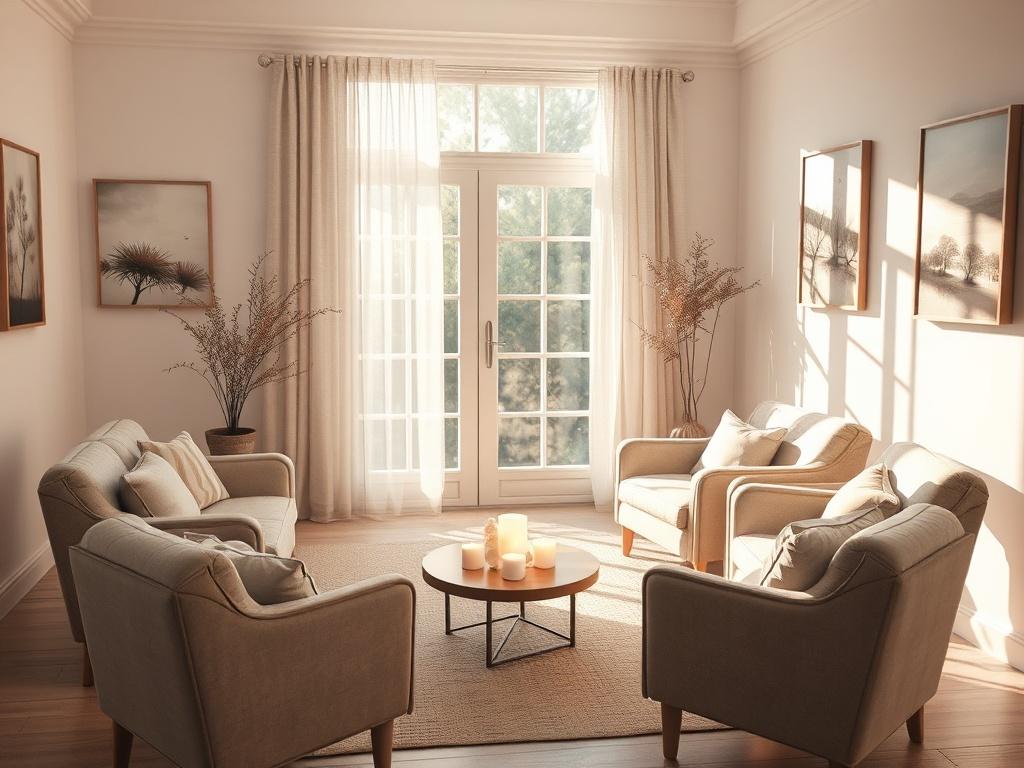 A serene and inviting room with soft lighting, featuring comfortable seating arranged in a circle. In the center, a small table holds candles and healing crystals. The walls are adorned with calming artwork depicting nature. A gentle breeze flows through an open window, creating a tranquil atmosphere, embodying the theme of grief healing and support.