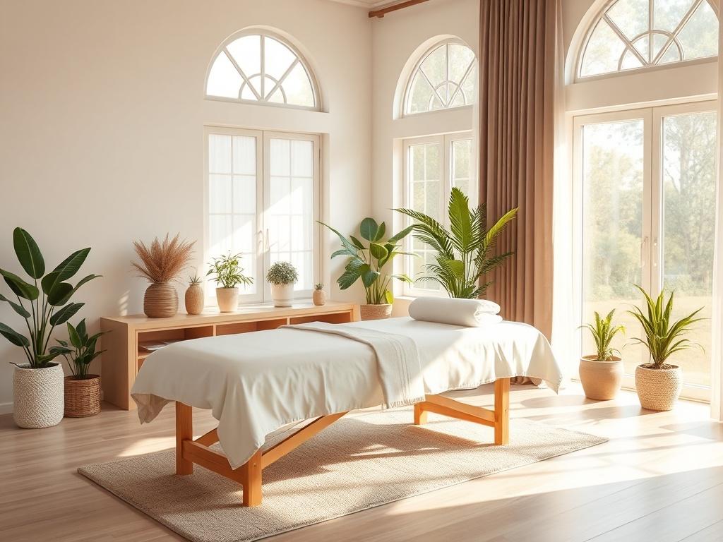 A bright and airy healing space with large windows allowing natural light to flood in. A comfortable massage table is prepared with soft linens, surrounded by potted plants and calming decor. The ambiance is peaceful, inviting individuals to relax and focus on their healing journey.