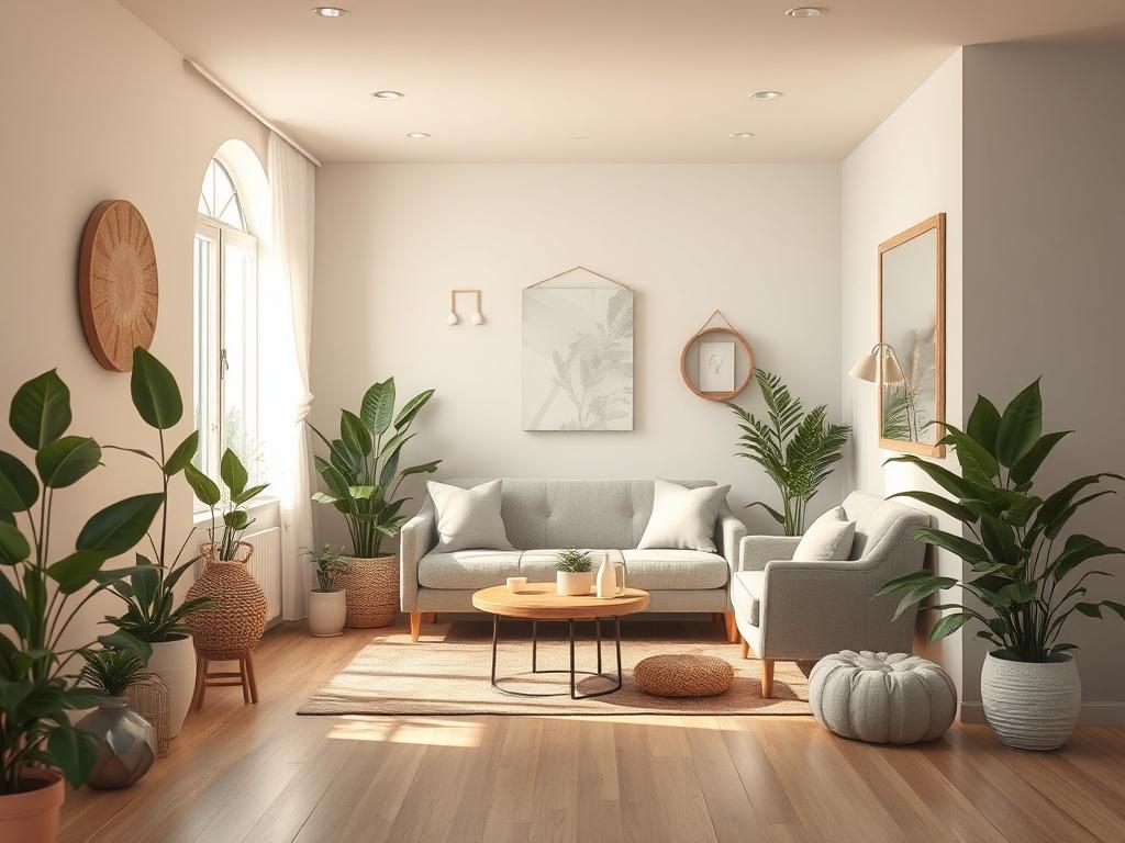 A serene healing space with soft lighting, featuring a comfortable seating area surrounded by plants and calming decor. A warm, inviting atmosphere that encourages relaxation and reflection. Soft pastel colors dominate the scene, creating a peaceful ambiance.