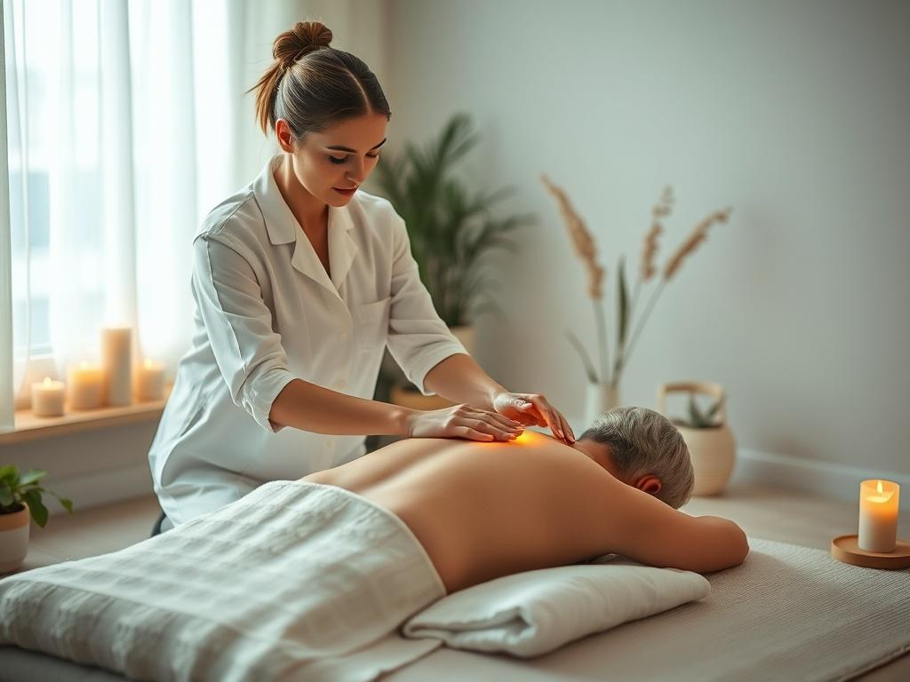 A practitioner performing Reiki on a client, both in a tranquil setting filled with soft, natural light. The room features calming elements like candles and plants, creating a soothing environment conducive to healing. The focus is on the connection between practitioner and client, emphasizing trust and care.