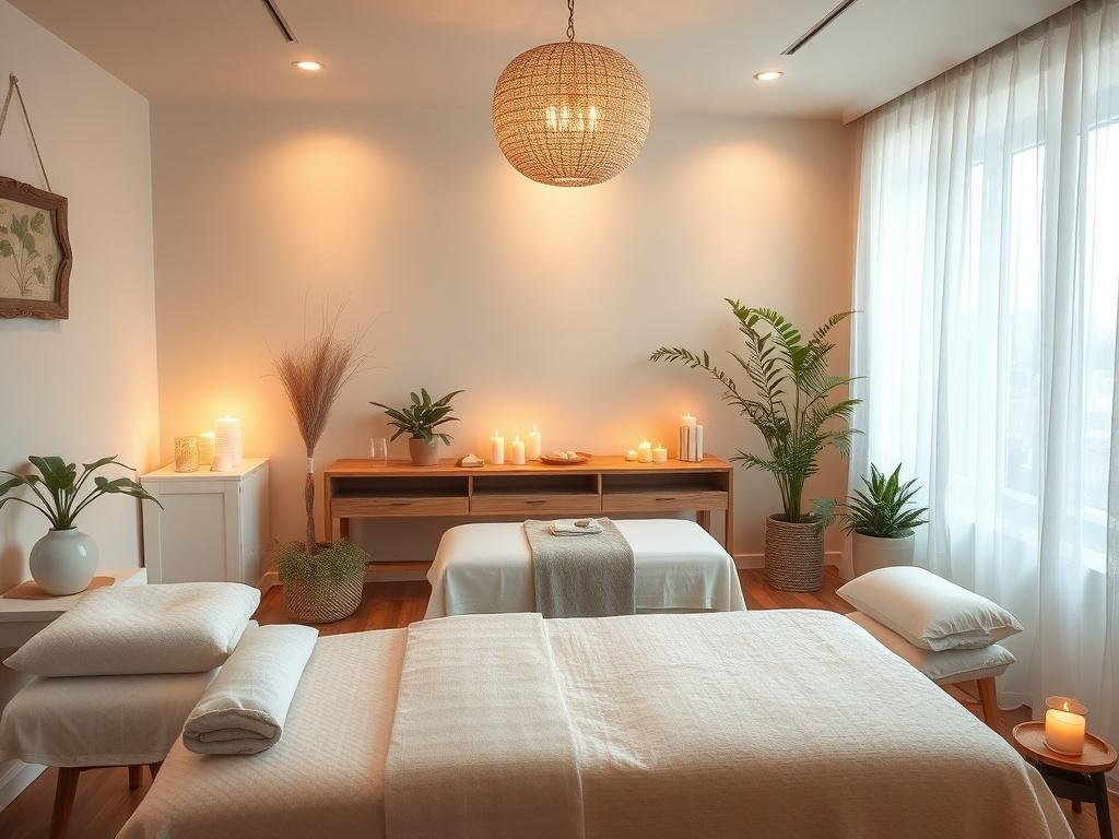 A calming therapy room set up for a Reiki session, featuring soft, ambient lighting and comfortable treatment furniture. Elements of nature, such as plants and crystals, enhance the tranquil atmosphere. The focus is on a peaceful environment that invites relaxation and healing.