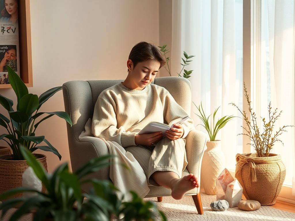 A serene and peaceful environment with soft lighting. An individual sitting comfortably in a cozy chair, surrounded by calming plants and healing crystals. The atmosphere exudes warmth and compassion, creating a safe space for healing. The background softly fades into gentle colors that invoke tranquility, while the focus remains on the person in the chair, deeply engaged in reflection or journaling.