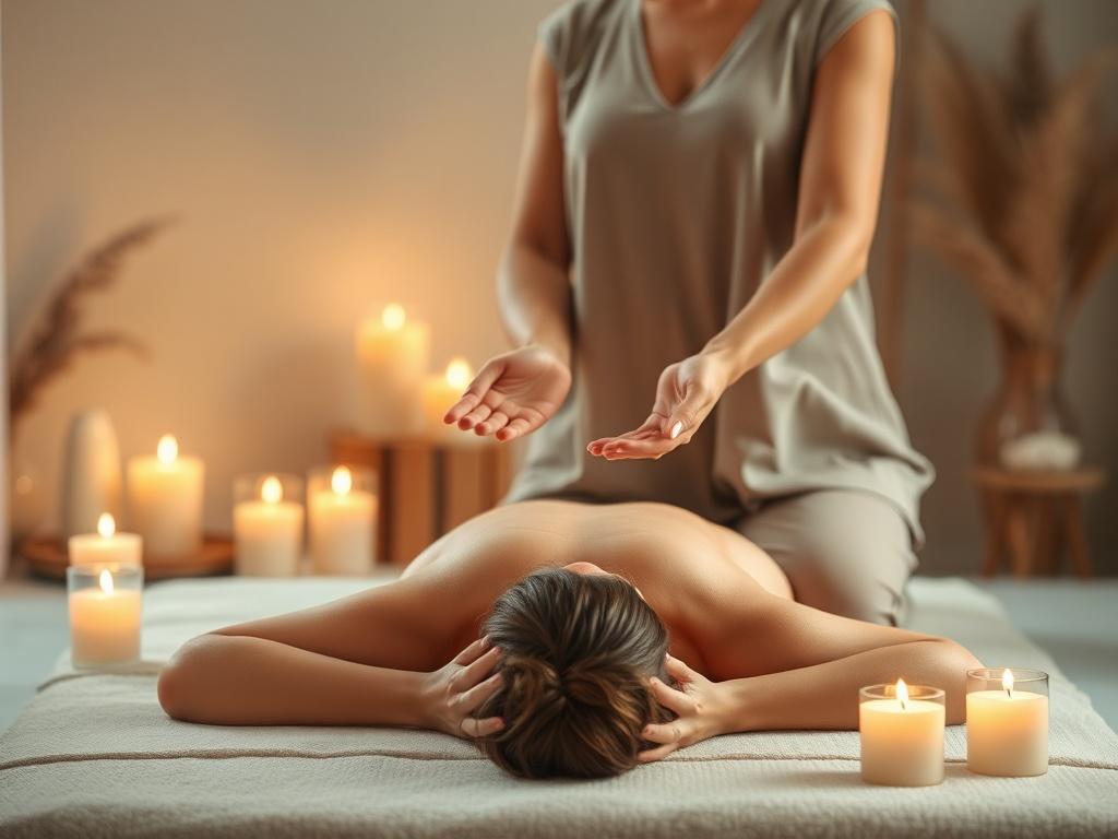 A tranquil setting with a therapist and a client in a relaxed position. The therapist gently places their hands above the client's body, creating a nurturing energy field. Soft candles illuminate the space, casting gentle light and creating a soothing ambiance. The background features calming colors and natural elements like plants or crystals, enhancing the feeling of peace and healing.