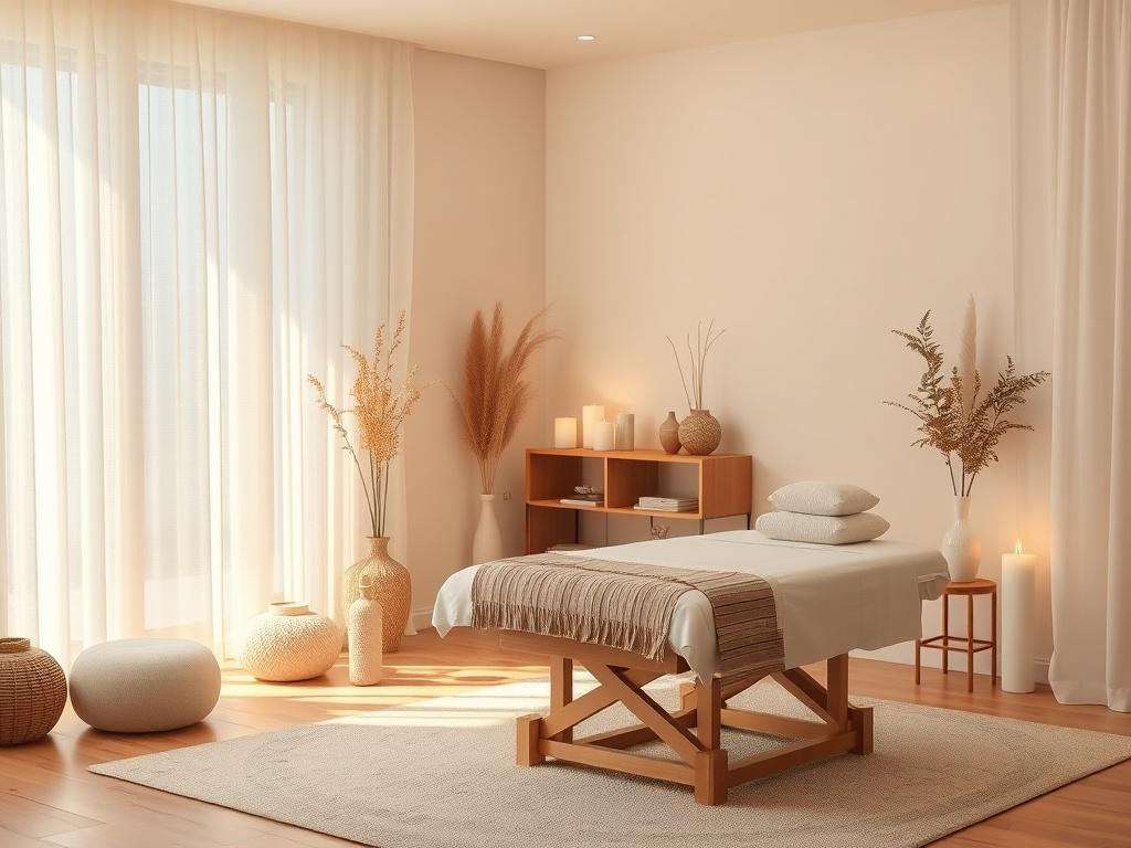 A peaceful therapy room with a massage table and soothing decor. A practitioner is seen preparing for a session, with soft lighting and calming elements decorating the space. The atmosphere promotes relaxation and trust, inviting clients to experience healing through Reiki. The background showcases soft colors and natural textures, enhancing the serene environment.