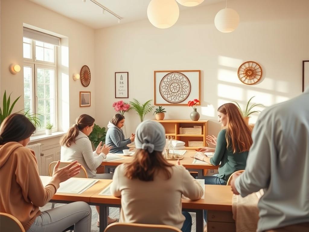A bright and welcoming classroom setting, with students engaged in hands-on Reiki practice. The room is filled with healing symbols, soft lighting, and calming decor, creating an inviting atmosphere for learning. The focus is on collaboration and shared experiences in the journey of Reiki.