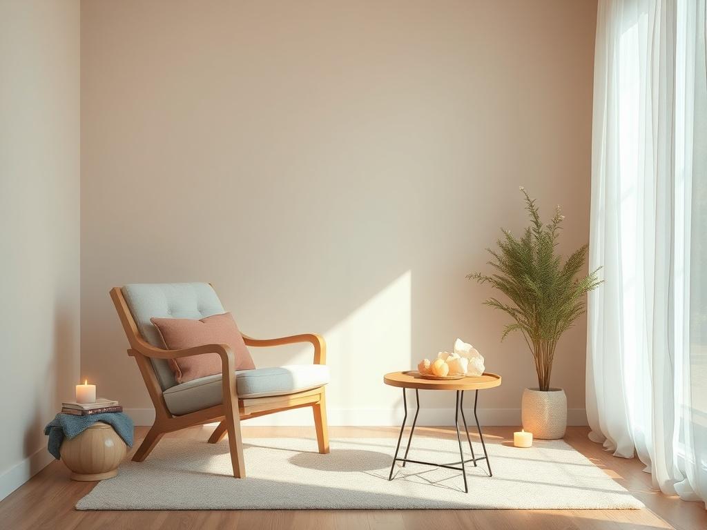 A serene and inviting healing space with soft lighting, featuring a comfortable chair and a small table with healing crystals. A peaceful backdrop with gentle nature elements like plants or flowers. The atmosphere conveys warmth, compassion, and tranquility, inviting individuals to seek solace and support in their healing journey.