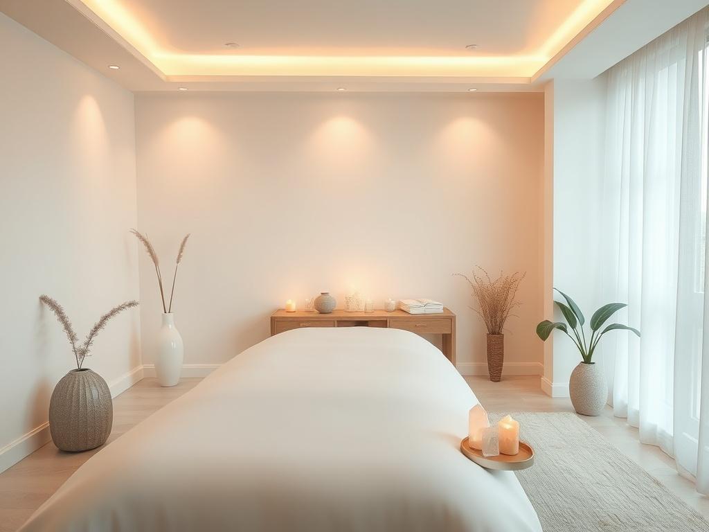 A calm and tranquil room with soft lighting, featuring a massage table and healing crystals. The atmosphere exudes peace, inviting individuals to relax and embrace healing energy. Subtle elements of nature, such as plants or gentle colors, create a soothing backdrop for the Reiki experience.