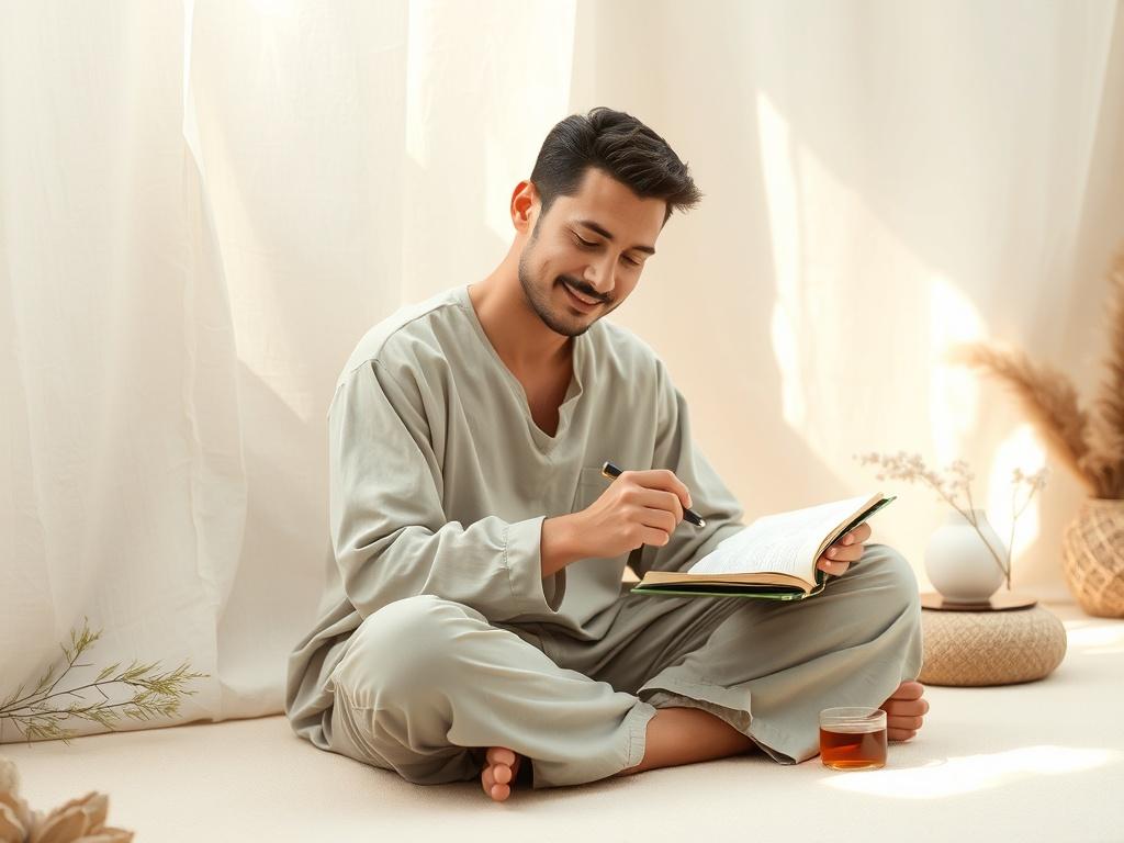 A serene scene of a man in loose, comfortable clothing writing in a gratitude journal. He sits in a peaceful, calming environment that resembles a meditation or Reiki retreat. The atmosphere exudes tranquility, with soft lighting and gentle colors. A subtle smile graces his face as he focuses on his writing. Next to him, there is a small cup of tea, adding to the calming ambiance. The background features soft textures and nature-inspired elements, enhancing the sense of clarity and happiness.