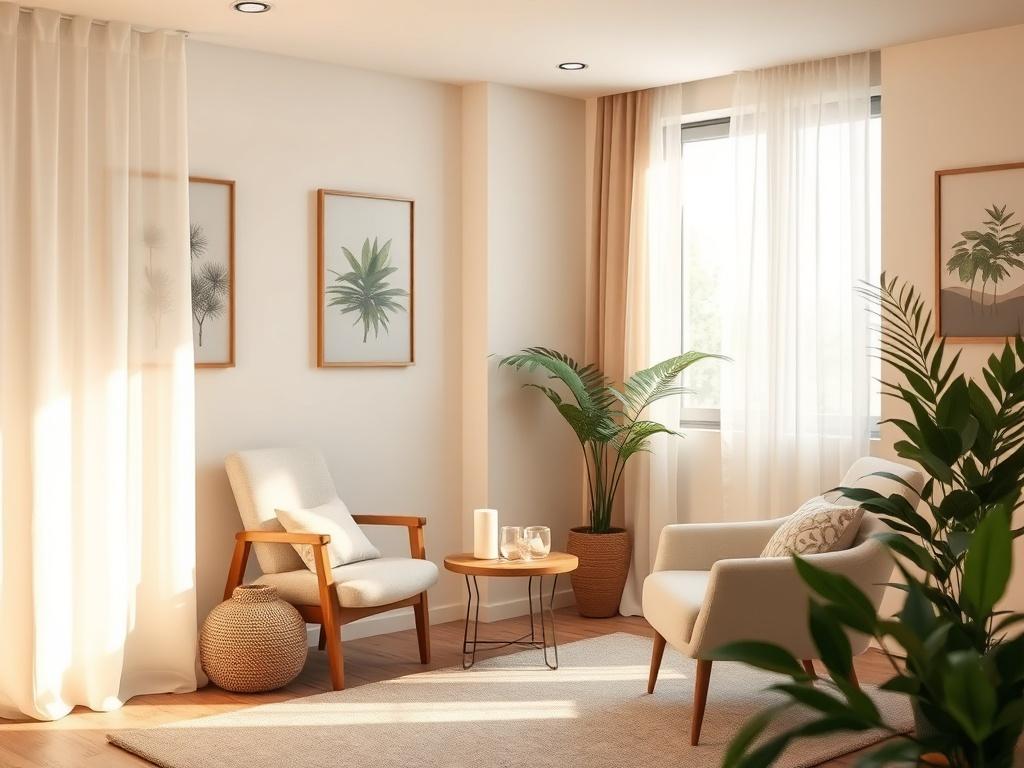 A serene and inviting therapy room with soft, warm lighting. A comfortable chair and a small table with a candle and crystals are present. A window with sheer curtains allows gentle sunlight to filter in, creating a peaceful atmosphere. The walls are adorned with soothing artwork. In the background, a subtle hint of nature can be seen, emphasizing tranquility and healing.