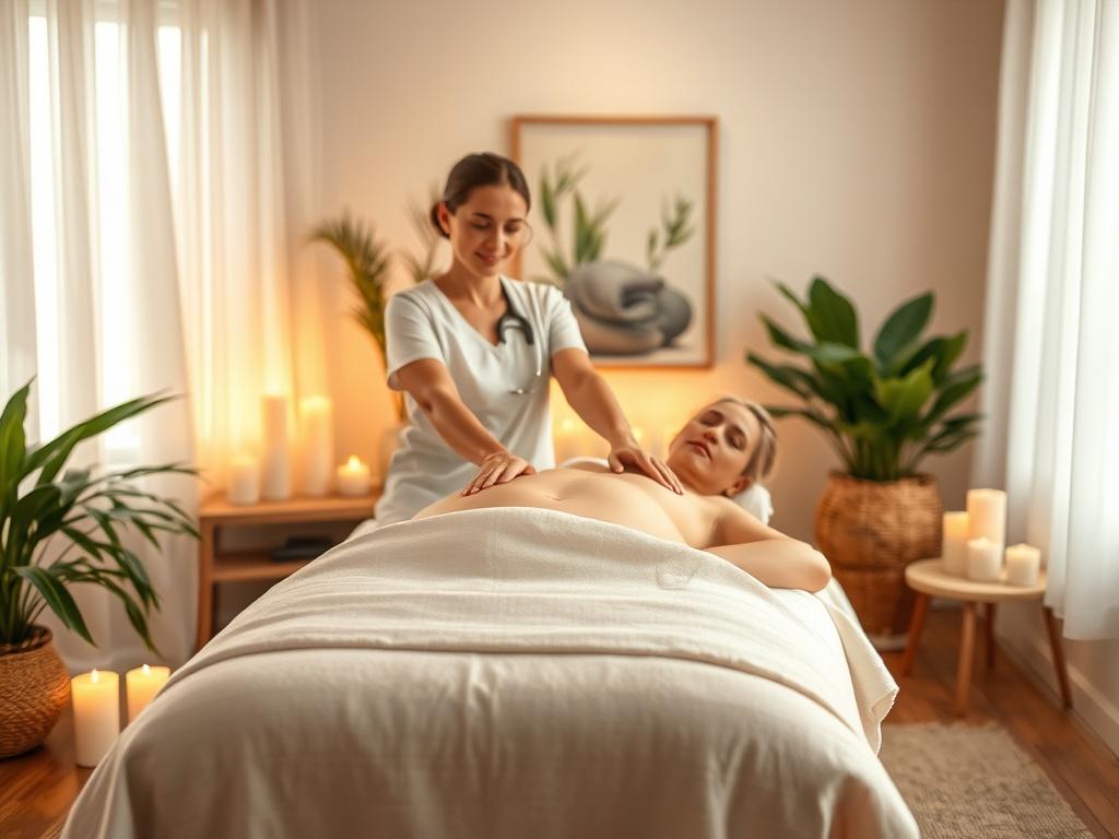 A tranquil setting with a massage table draped in soft linens, surrounded by candles and calming decor. The room is softly lit with warm hues, creating a serene environment. A practitioner gently places their hands over a client's body, radiating a sense of peace and healing. The background features plants and soothing artwork, emphasizing a holistic approach to wellness.