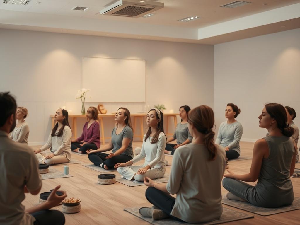 A calm and peaceful classroom setting with participants sitting in