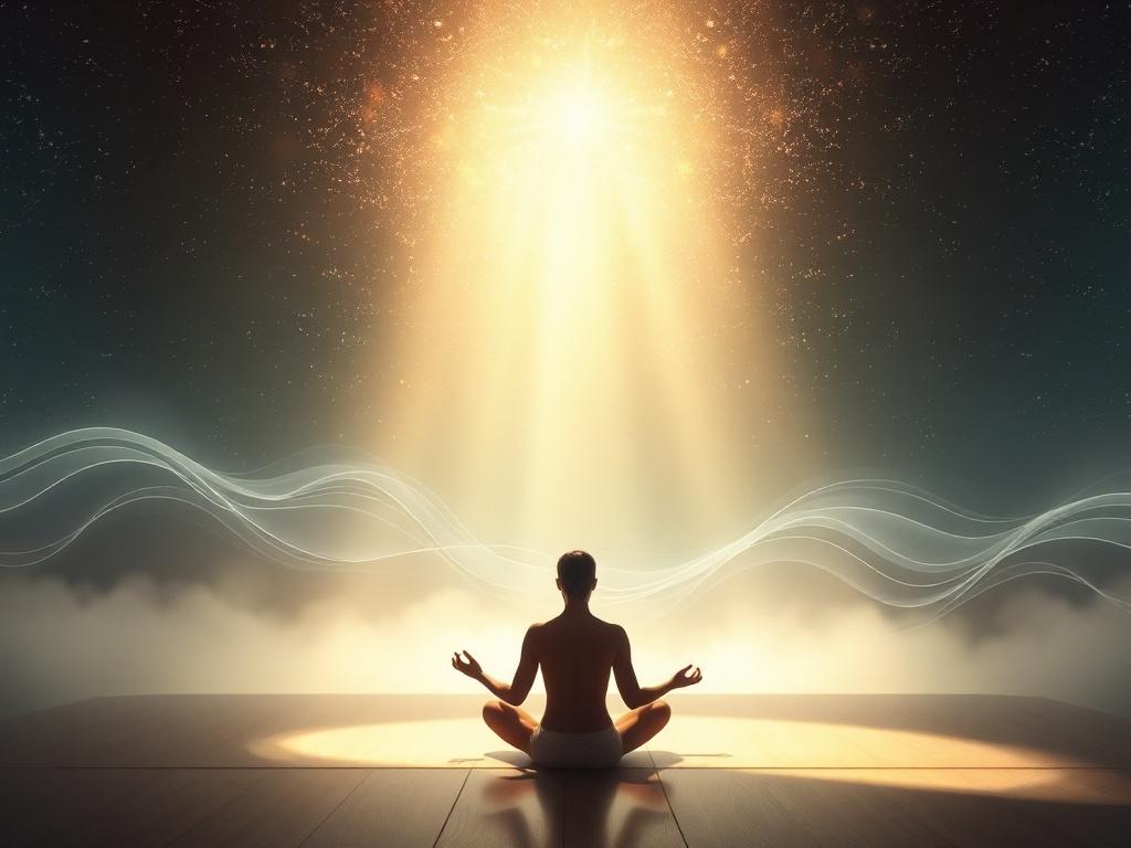 A tranquil setting with a person meditating, surrounded by soft,