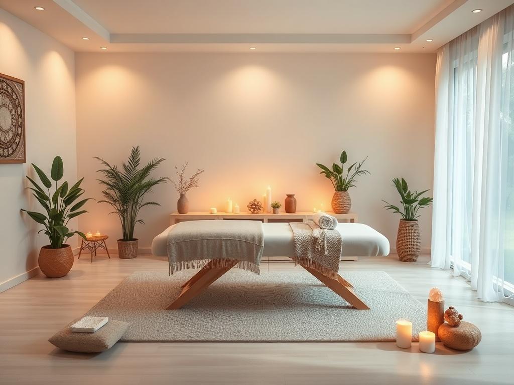 A serene healing environment featuring a calming room with soft