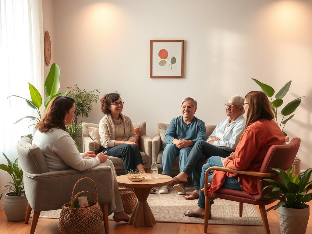 A serene room with soft lighting and gentle colors, featuring a comfortable seating area where a small group of individuals engages in a heartfelt discussion. The room is adorned with plants and calming decor, creating a peaceful atmosphere. One participant shares their experience while others listen attentively, embodying compassion and support. The overall ambiance conveys healing and connection.