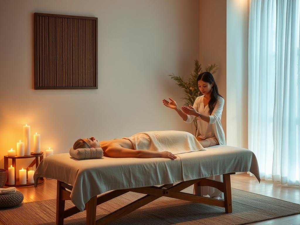 A tranquil room with soft, ambient lighting and calming colors, showcasing a client lying comfortably on a massage table while a practitioner gently performs Reiki healing. The atmosphere is peaceful, with candles and soothing decor in the background, creating a serene space for healing. The image captures a moment of deep relaxation and connection, highlighting the essence of energy healing.