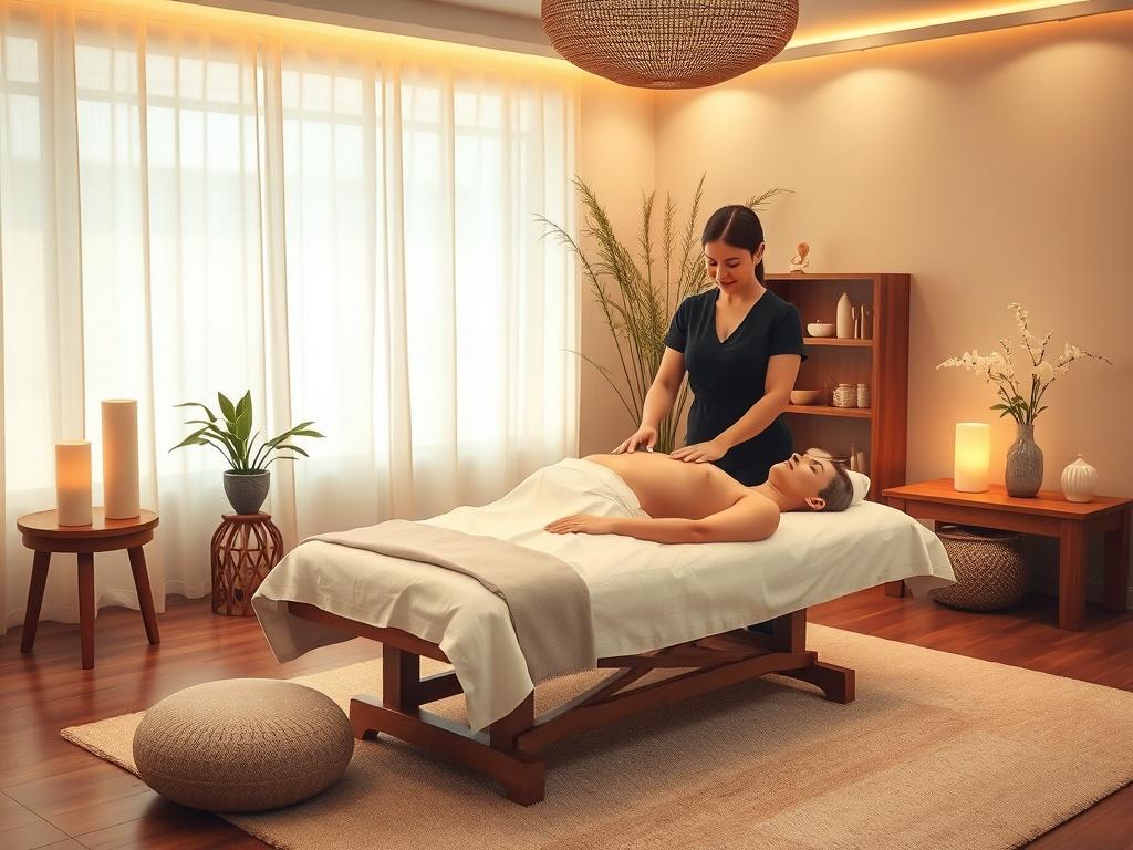 A calming and inviting Reiki treatment room featuring a massage table, with soothing decor and soft lighting. A practitioner gently administers Reiki energy to a client lying down, who appears relaxed and at peace. The room is designed to evoke tranquility, with nature-inspired elements and soft colors, emphasizing the healing energy present in the space.