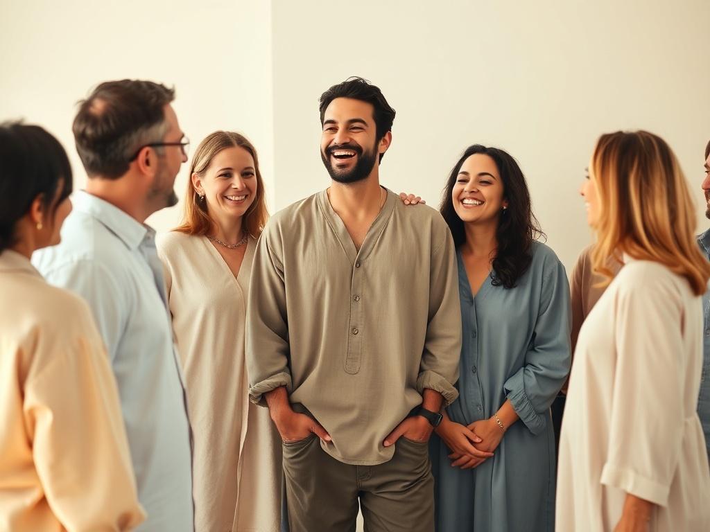 A joyful man in loose, comfortable clothing stands among a group of peers who have earned their Reiki practitioner certification. They are engaging in animated conversation, laughing and celebrating their achievements together. The setting is warm and inviting, with soft, natural lighting creating a peaceful atmosphere. The background features gentle tones that complement the scene, enhancing the feeling of camaraderie and accomplishment.
