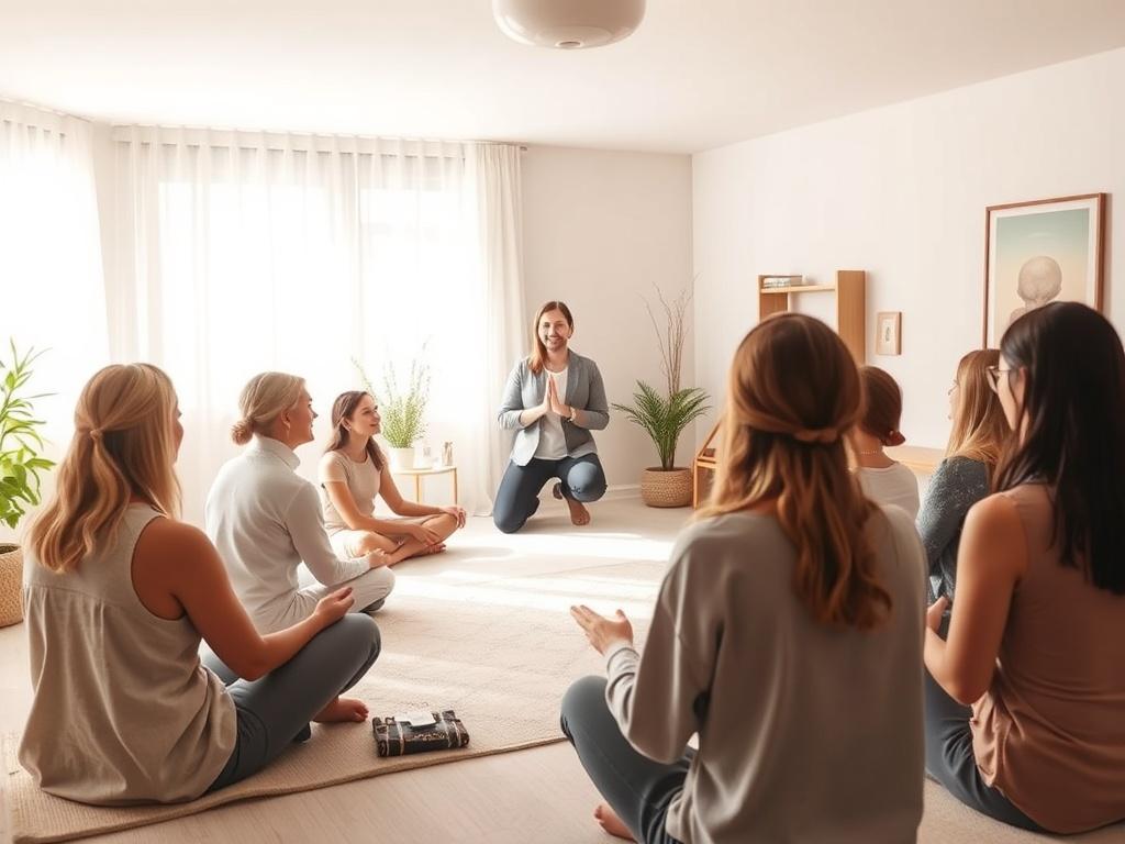 An interactive Reiki certification class in progress, showing a small group of students engaged in hands-on practice. The instructor demonstrates techniques at the front of the room, surrounded by soft colors and natural light. Students are focused and attentive, with a serene atmosphere that encourages learning and connection.