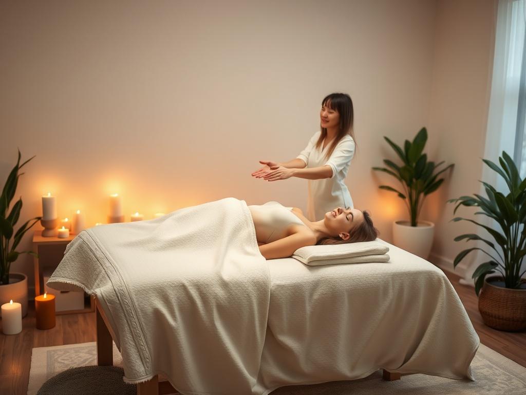 A calm and tranquil space for a Reiki healing session, featuring a massage table, soft blankets, and gentle ambient lighting. A practitioner is softly placing their hands over a client, who appears relaxed and peaceful. Surrounding the space are elements like candles and plants, enhancing the atmosphere of healing and tranquility.