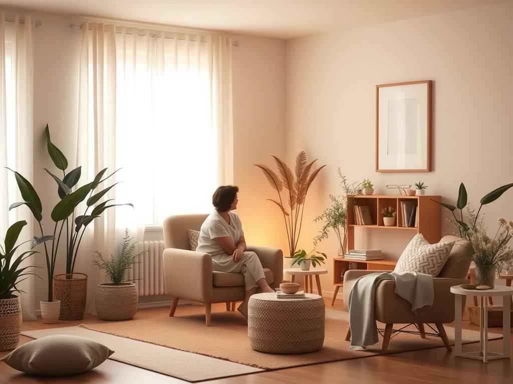 A peaceful and inviting room set up for a grief counseling session, featuring soft lighting, comfortable seating, and calming decor. A single figure sits in a cozy chair, looking contemplative, surrounded by gentle nature elements like plants and soft fabrics. The atmosphere is serene and supportive, evoking a sense of healing and connection.