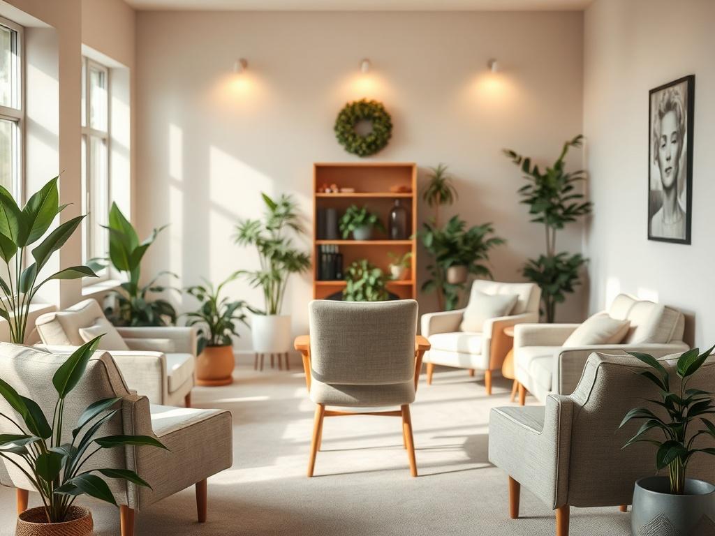 A serene, softly lit room with comfortable seating arranged in a circle, filled with plants and gentle lighting. A warm, inviting atmosphere suggests a safe space for sharing and healing. A single chair in focus symbolizes support and compassion.