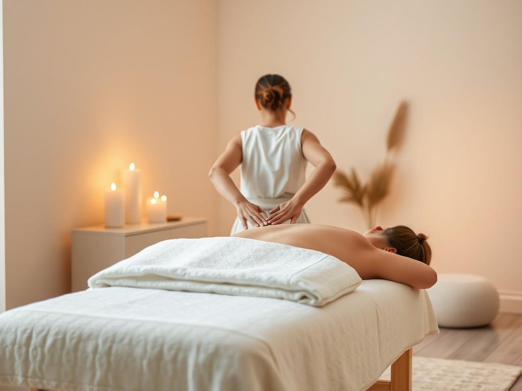 A calming room with a massage table in soft, warm lighting. A practitioner gently places their hands on a client's back, radiating a sense of peace and energy. The background features soothing colors and elements that evoke tranquility.