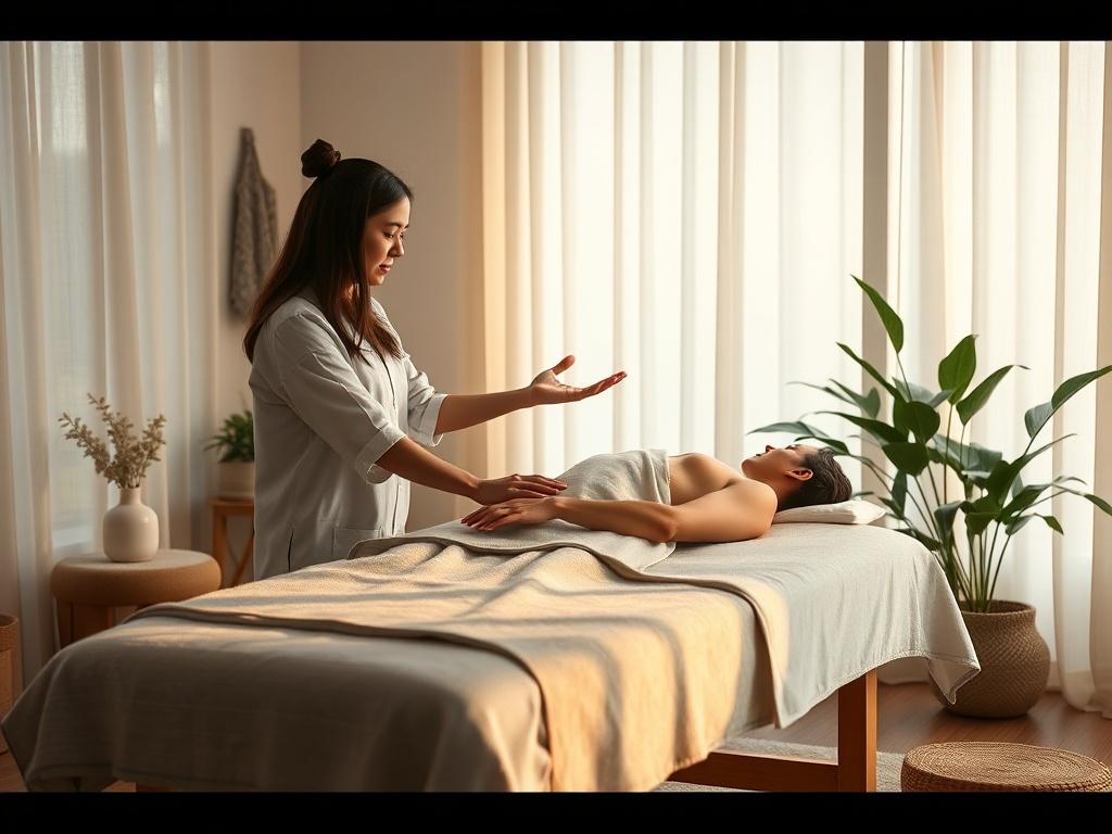 A tranquil setting with a comfortable massage table and soft, ambient lighting. The scene includes a practitioner gently guiding energy towards a client, who appears relaxed and at ease. Subtle elements of nature, like plants, enhance the peaceful atmosphere.