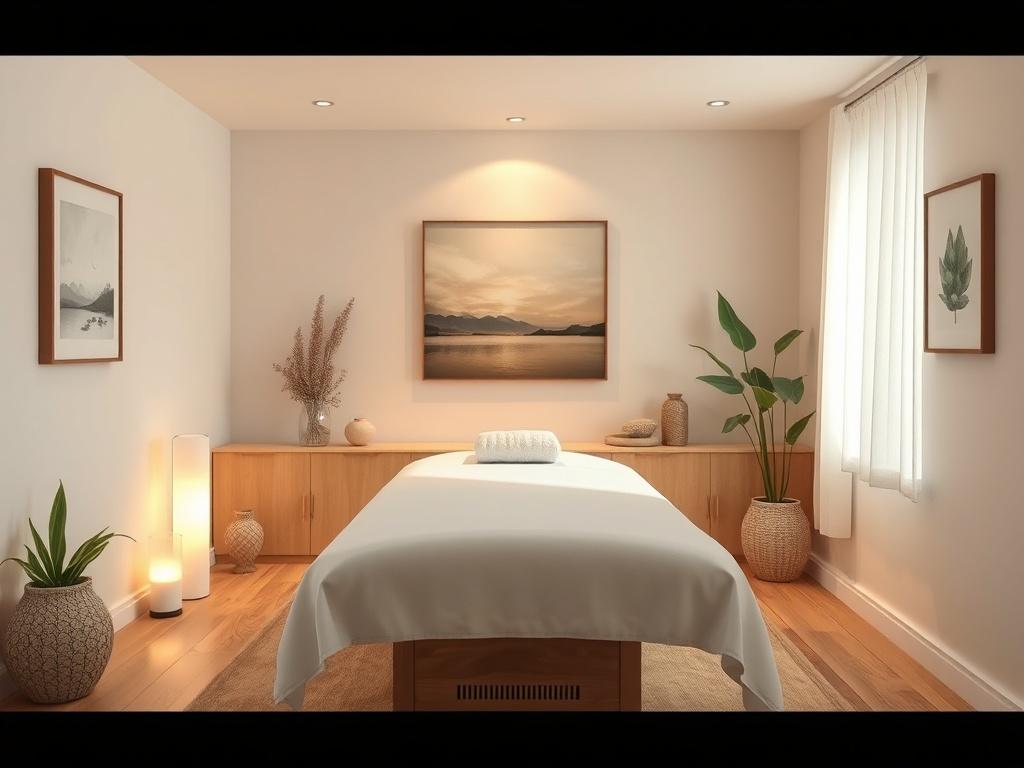 A calming space with a massage table, surrounded by peaceful artwork and soft lighting. The room is decorated with natural elements like plants and stones, promoting a sense of tranquility. The design should inspire a feeling of safety and relaxation, encouraging clients to engage in their healing journey. The color palette should include soft earth tones, enhancing the serene atmosphere.