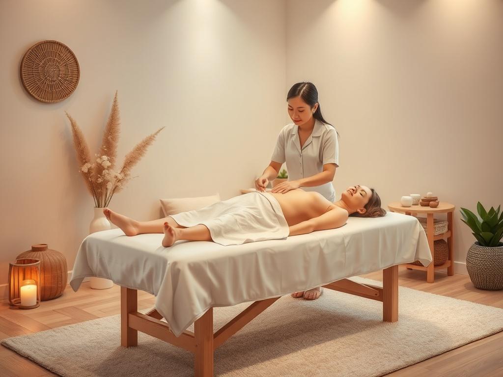 A calming healing space with a massage table, surrounded by comforting decor and soft lighting. A practitioner administers Reiki to a client, who appears relaxed and at ease. The background includes soft textures and colors that evoke tranquility, enhancing the overall atmosphere of healing and support.