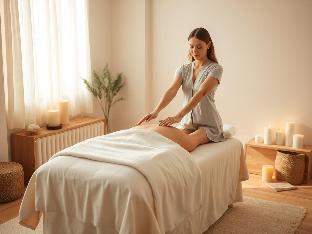 A tranquil room designed for Reiki healing, featuring a massage table draped in soft linens. A practitioner gently places their hands over a relaxed client, surrounded by calming elements like candles and crystals. Soft natural light filters through a window, enhancing the peaceful ambiance, inviting a sense of relaxation and trust.