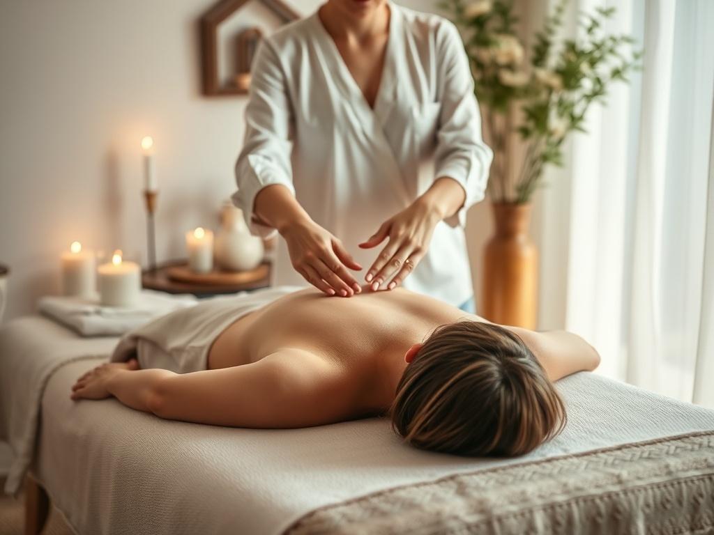 A serene image of a practitioner gently placing their hands over a client lying on a massage table, surrounded by soft, natural lighting. The atmosphere should be calming, with elements such as candles, crystals, and soothing decor, creating a peaceful energy healing environment.