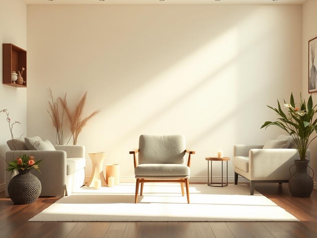 A peaceful healing space with soft lighting, featuring a serene setting with comfortable seating, candles, and calming decor. The image should convey tranquility and warmth, inviting individuals into a supportive environment for emotional healing. A single chair should be prominently placed in the foreground, symbolizing a personal journey of grief and renewal.