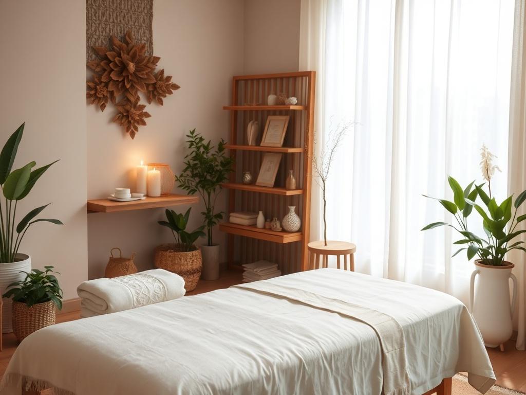 An inviting image of a cozy treatment room set up for Reiki, showcasing a massage table draped in soft linens, surrounded by calming elements such as plants, candles, and gentle lighting. The room should evoke feelings of peace and relaxation, emphasizing a nurturing environment for healing.