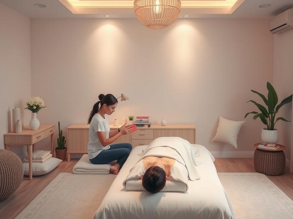 An inviting treatment space with soft colors and cozy furnishings, showcasing a practitioner and client engaged in a Reiki session, highlighting the serene atmosphere of healing.