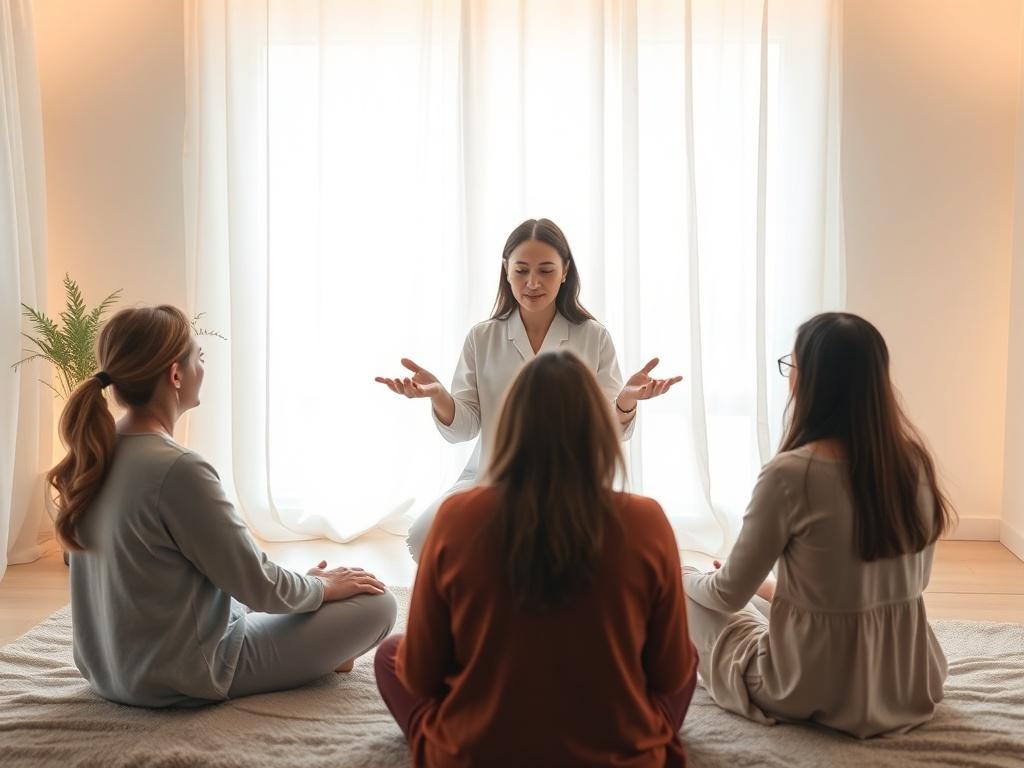 A serene setting with a compassionate healer guiding a small group of individuals in a circle, surrounded by soft lighting and calming colors, symbolizing support and healing.