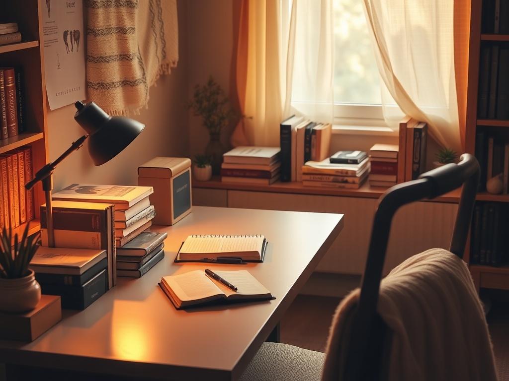A serene workspace featuring a well organized desk with books,