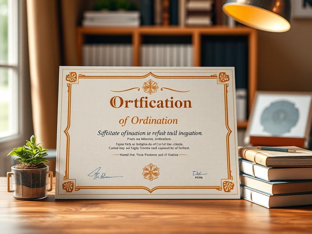 A beautifully designed certificate of ordination, featuring warm colors and