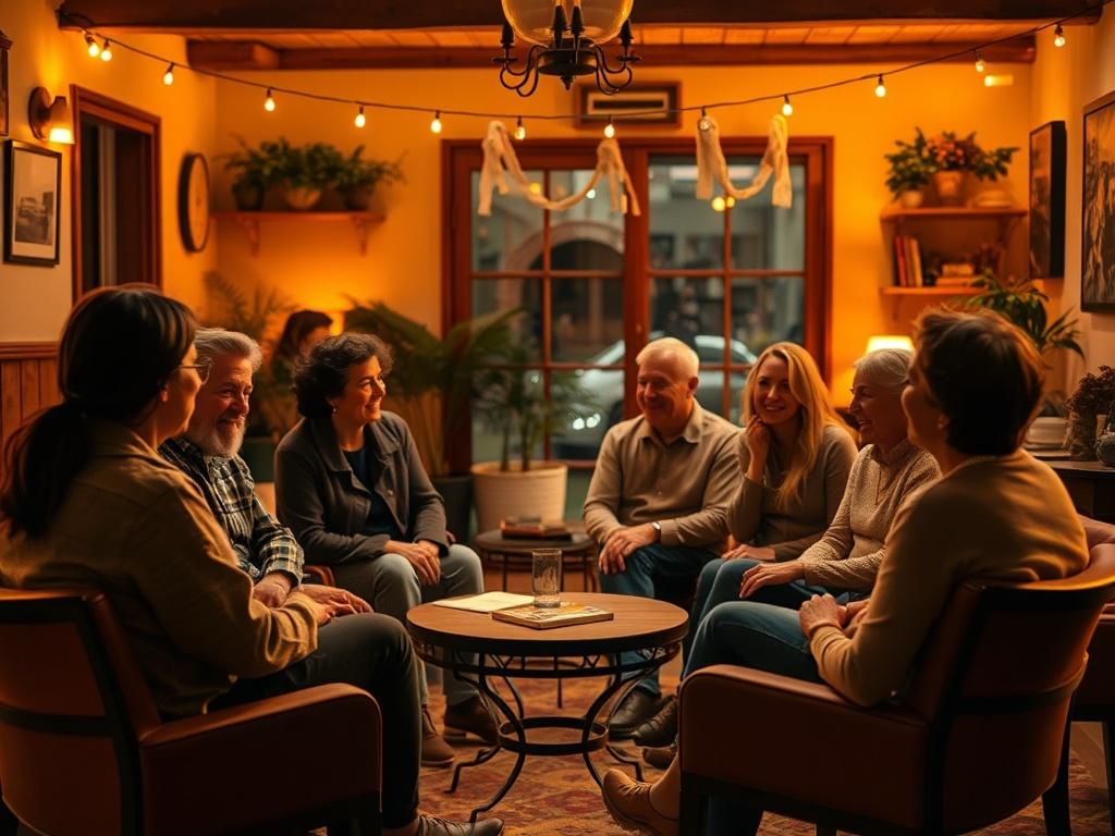 A warm and inviting interior of a community gathering space,